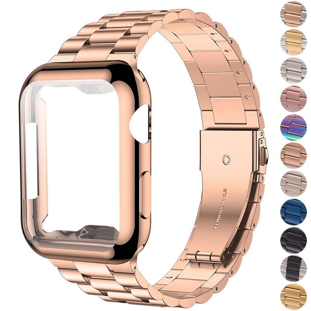 Pulseira de aço inoxidável + capa + protetor de tela de filme para pulseira de relógio Apple 44mm 40mm 45mm 41mm 38mm 42mm Iwatch Series 7 Se 6 5 4 3 T500 Pro T55