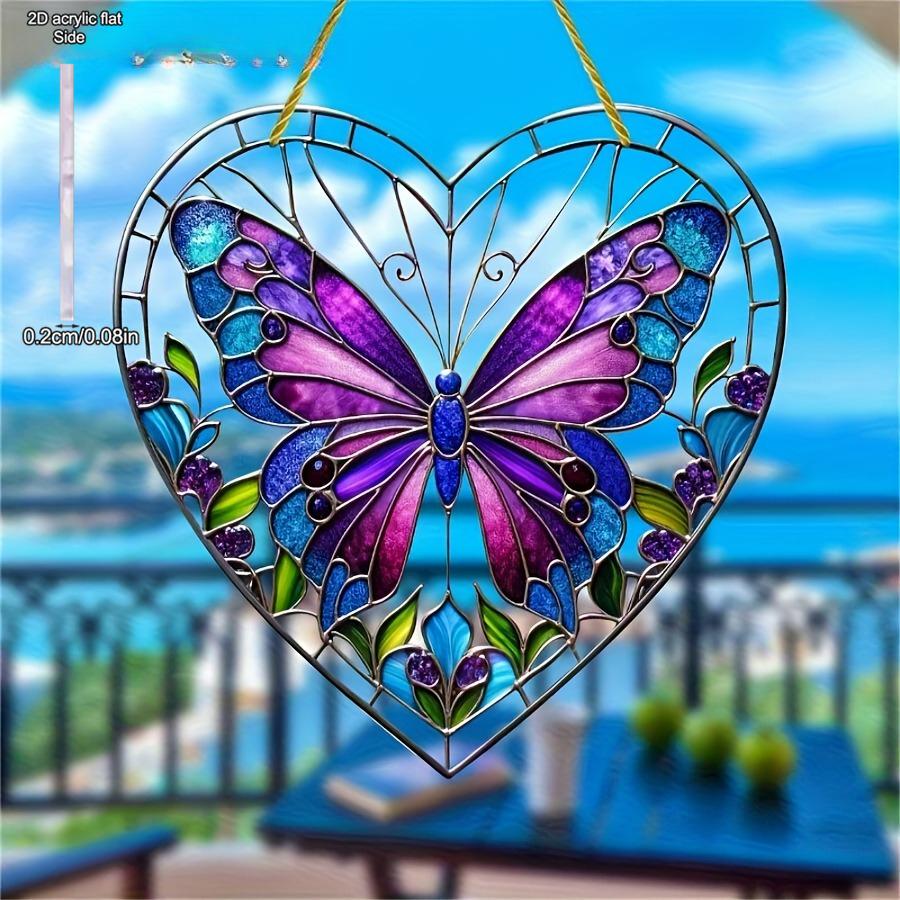 Purple Butterfly Heart-Shaped Painted Style Sunlight Catcher, Ideal Gift for Butterfly and Art Lovers, Valentine's Day Gift, Nurseries, Vintage Home D