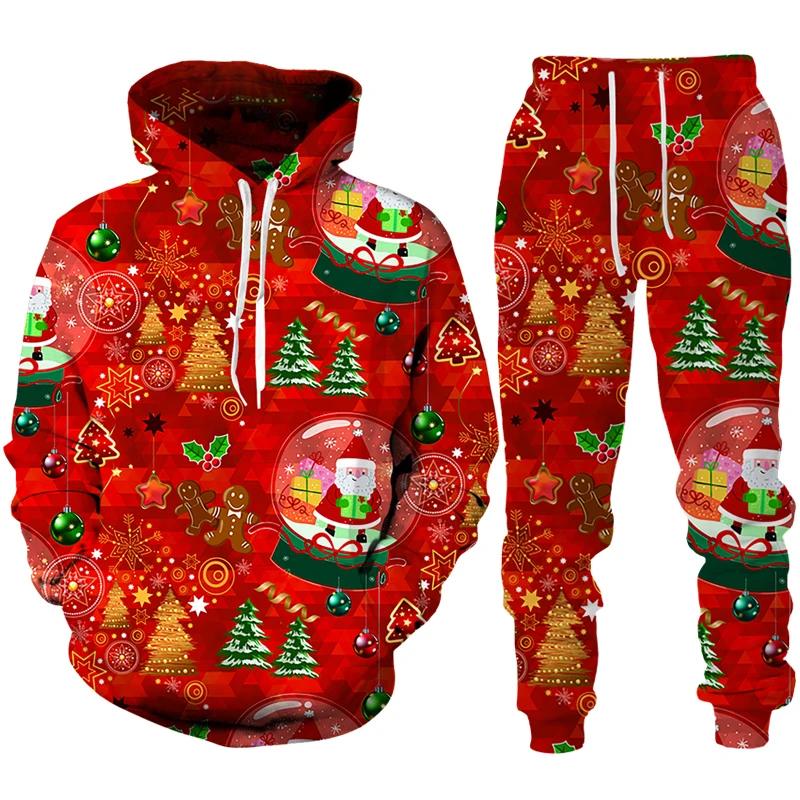Christmas Santa Claus 3D Print Man Woman Hoodie + Pants 2pcs Sets New Year Holiday Party Casual Oversized Pullover Tracksuit Set
