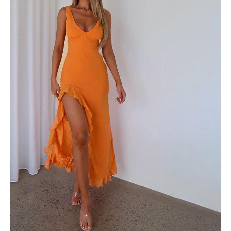 

New Summer Pure Color Silm Sling Fashion Elegant Sexy V-neck Flounce Split Dress Orange XS