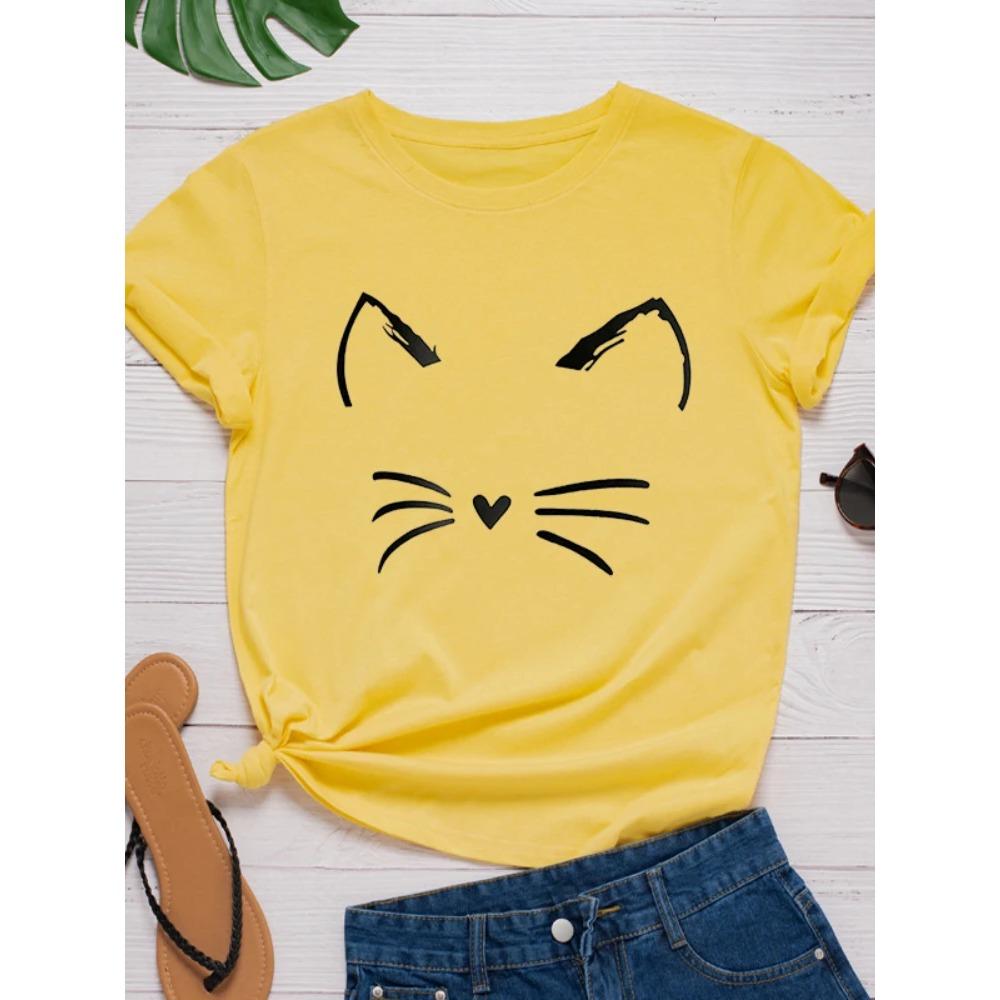 Tecknad kattansikte mönstertryck dam T-shirt kortärmad O-hals lös avslappnad mode lämplig för dagliga toppar