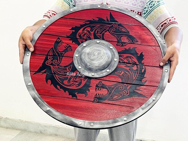 Fenrir Red Wolf Viking Shield: Norse Mythology Decor - Valhalla Cosplay