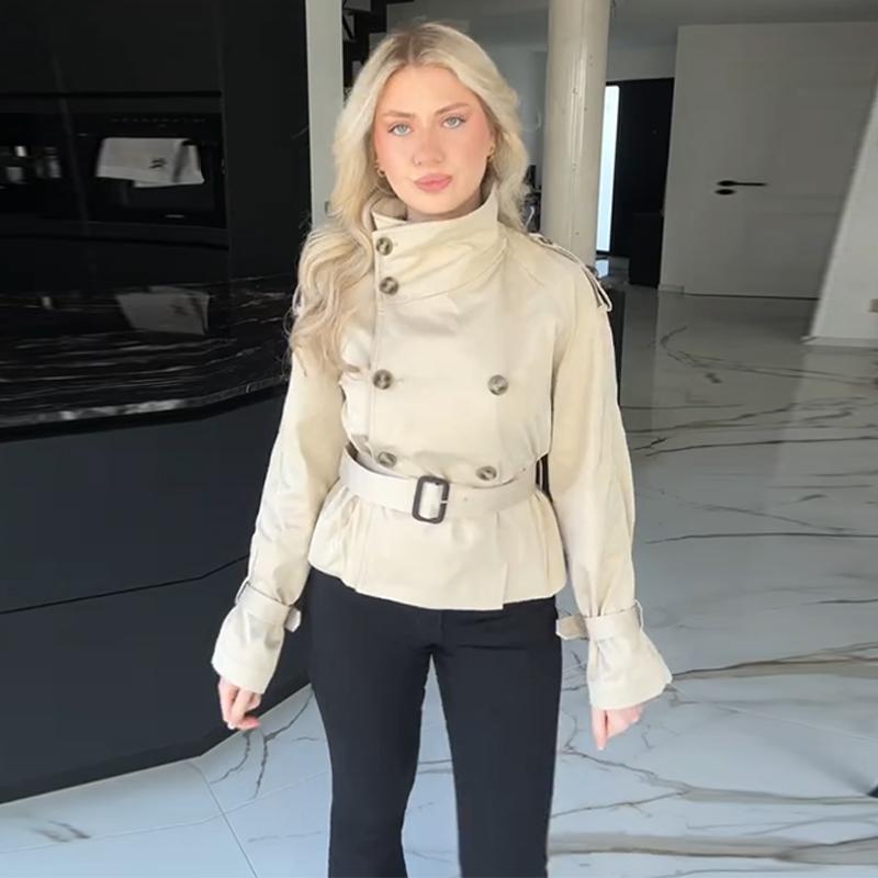 Stand Up Collar Lace-up Short Trench Coat Women's Long Sleeve Double Breasted Thin Slim Jacket Commuter Windbreaker 2025 Autumn Coatwear