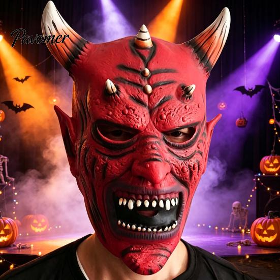 Comfortable Horror Props for Adults Red Devil Masque, Scary Demon Full Face Masque with Halloween Horn, Adult Latex Cosplay Costume Halloween, Haunted
