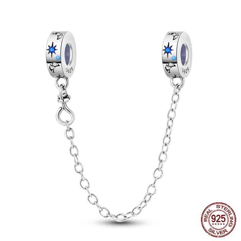 Real 925 Silver Stars & Moon Sunflower Safety Chains Spacer Beads Charms Fit Qikaola 925 Bracelets DIY Jewelry