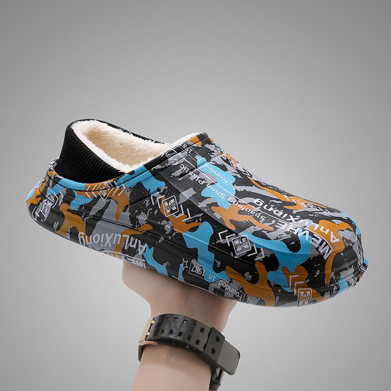 

Зимние мужские тапочки из хлопка с рисунком для дома и улицы, толстые, плоские, на меху, нескользящие, плюшевые, водонепроницаемые, без застежек, для улицы 39 чёрный