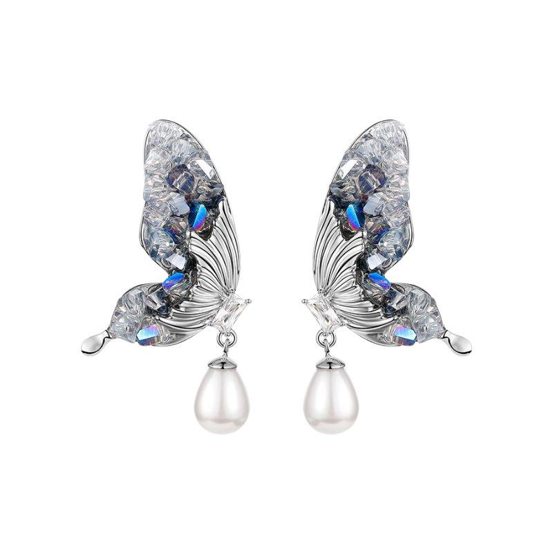 S925 Silber Kristall Schmetterling & Perlen Ohrringe - Elegant und Trendig Damen Leichter Luxus