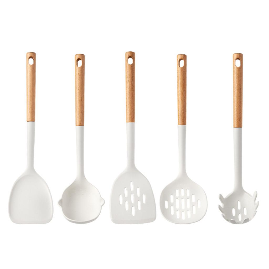 Food Grade Silicone Kitchen Utensils Set Beech Wood Handle Heat Resistant Non-Stick Cookware Spatula Spoon Whisk Tongs