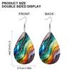 2D Flat Lightweight PU Leather Printed Teardrop Earrings, Blue-Purple Gradient Marble Pattern & Black Rose Design, Women's Fashion Pendant Earrings