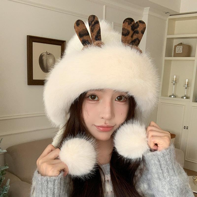 Thick Velvet Lei Feng Hat for Women In Autumn and Winter Cute Deer Antler Fur Ball Warm Ear Protection Hat Outdoor Cold Proof Plush Hat