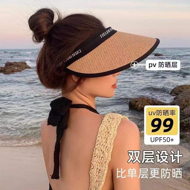 

New open-top sun protection hat for women, summer UV protection, large brim beach sunshade straw hat, face-shielding sun hat for cycling 2XL（54-60cm) -- General