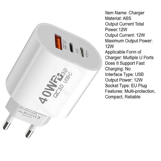 Travel Charger Adapter 40W Dual PD Type-C/USB Ports Multi-protection EU Plug Compact Reliable Charger Head
