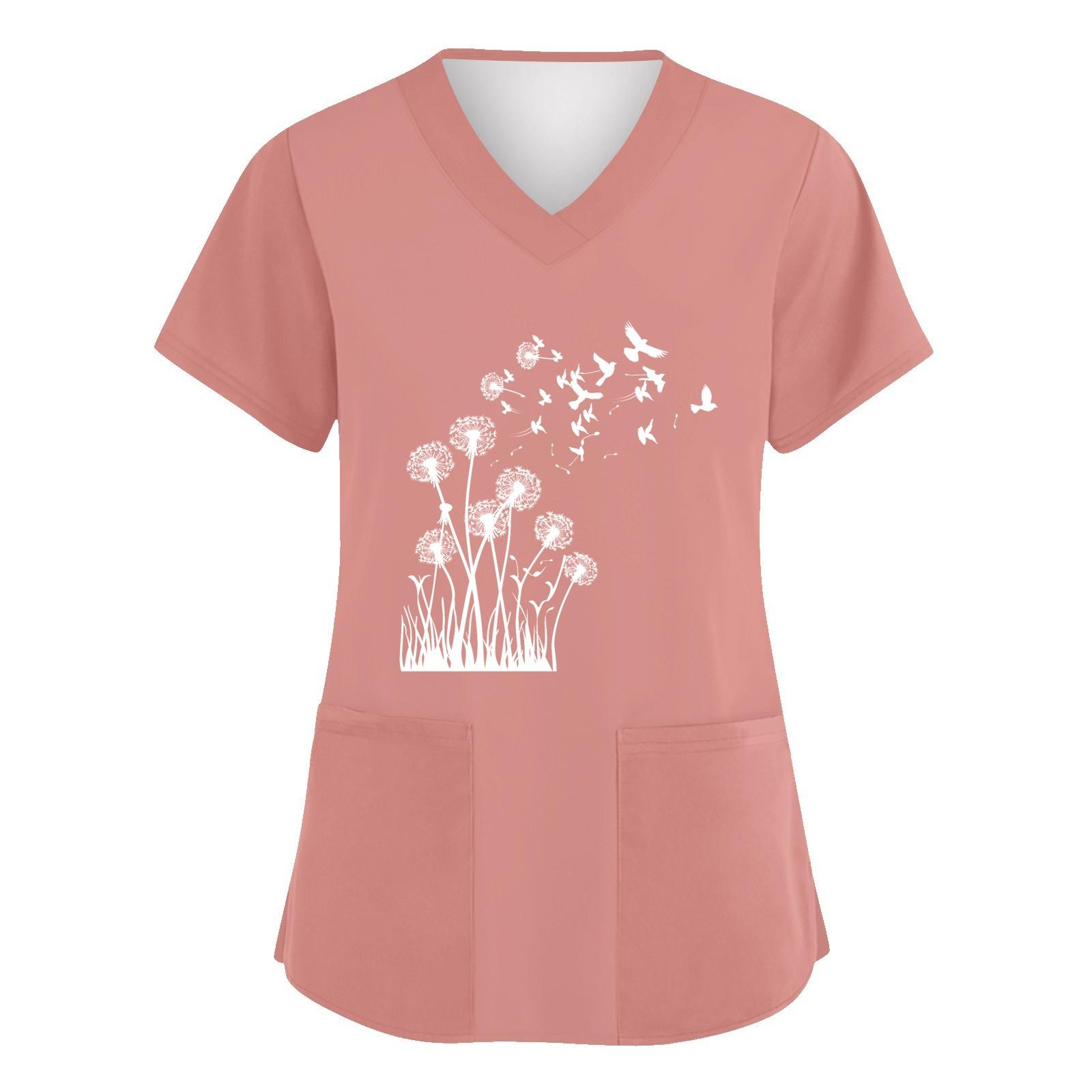 

Женская мода с v-образным вырезом, короткими рукавами и карманами, топы с принтом S розовый