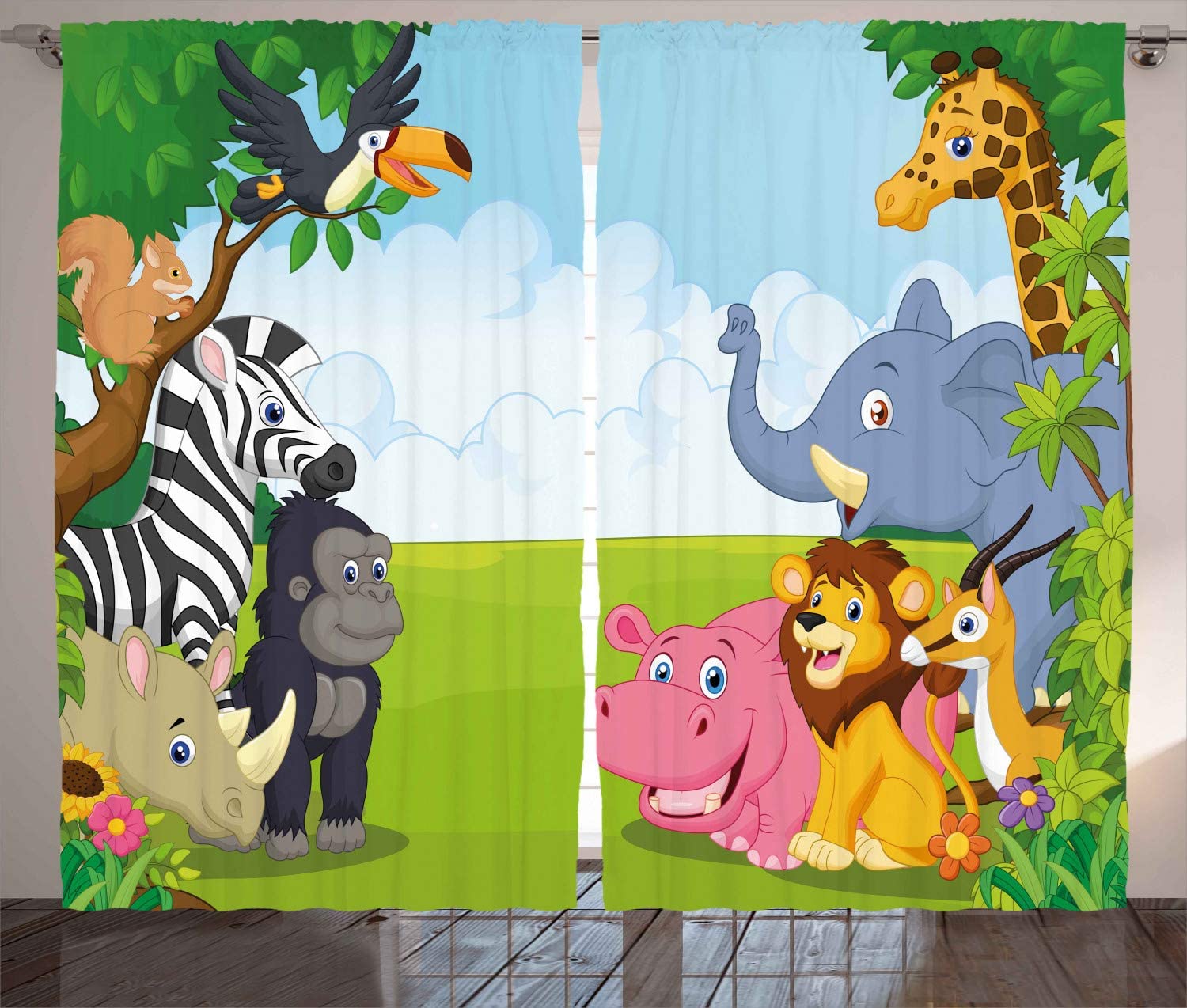 Bos Cartoon Dieren Giraffe Kind Raambekleding Huisdecoratie Woonkamer Gordijnen Keuken Gordijnen Paneelgordijnen voor Slaapkamer 135W x 60H(cm)
