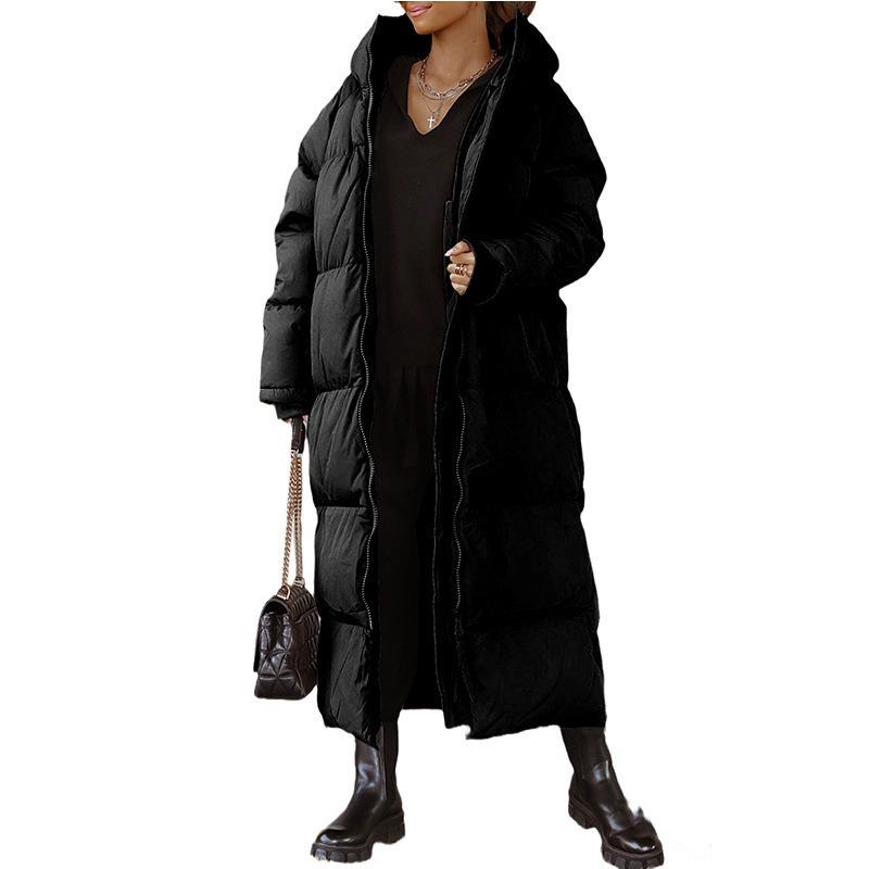 Winter Hooded Long Coat Women Elegant Pocket Long Sleeve Jacket  Loose Zipper Thick Warm Outwear