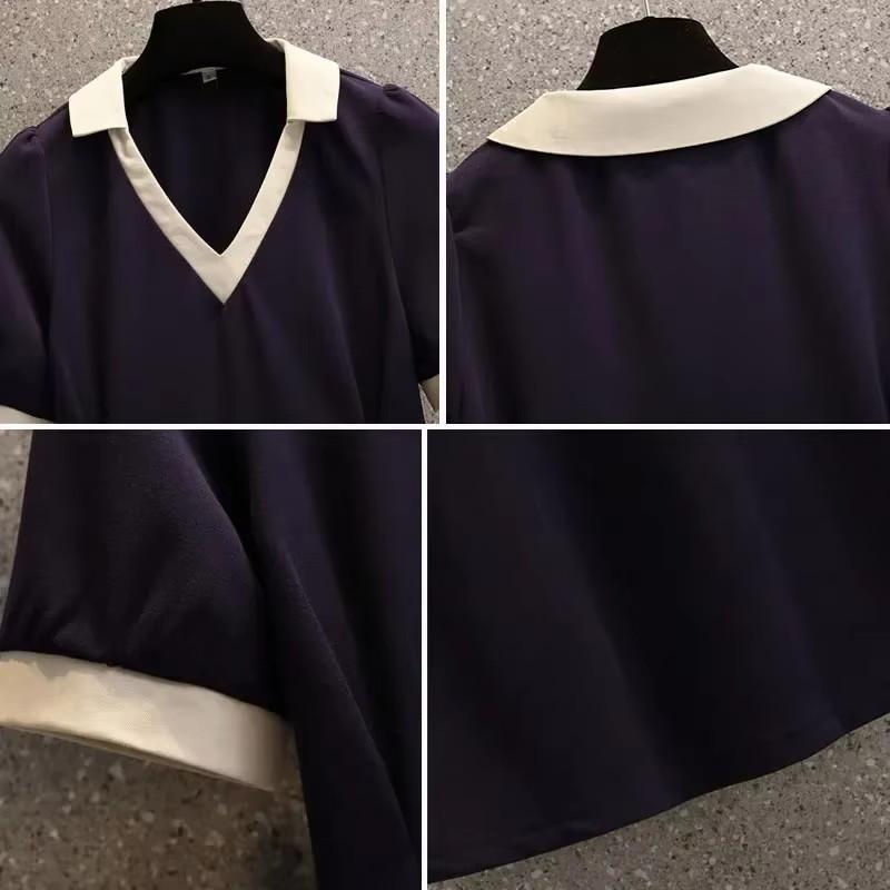 Polokleid Damen Sommer V-Ausschnitt Kurzarm Mittellange A-Linie Lässig Süße Stich Koreanische Version College-Stil