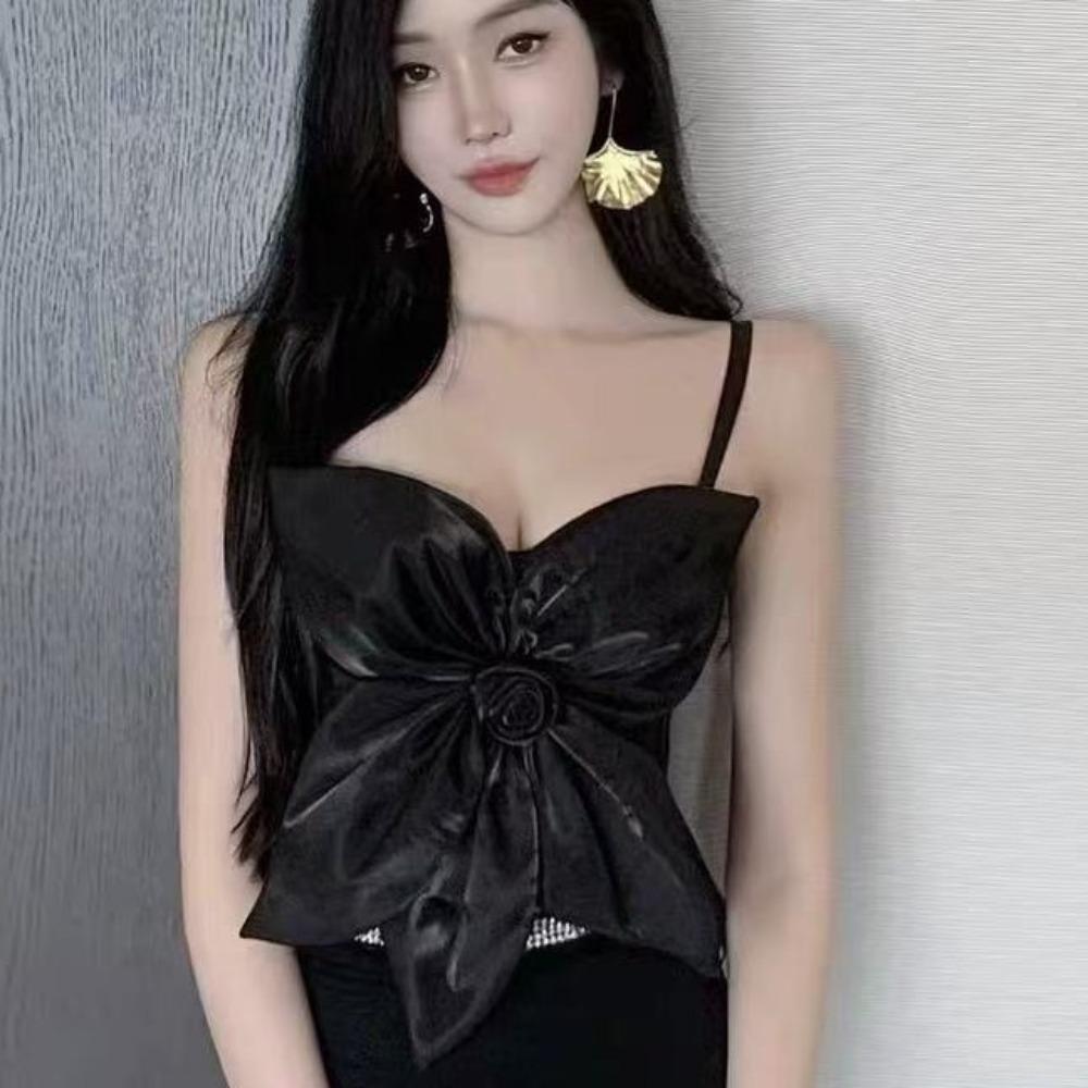 Slim Fit Rose Flower Camisole 3D Rose Flower Decoration Crop Tops Socialite Style Corset  Travel