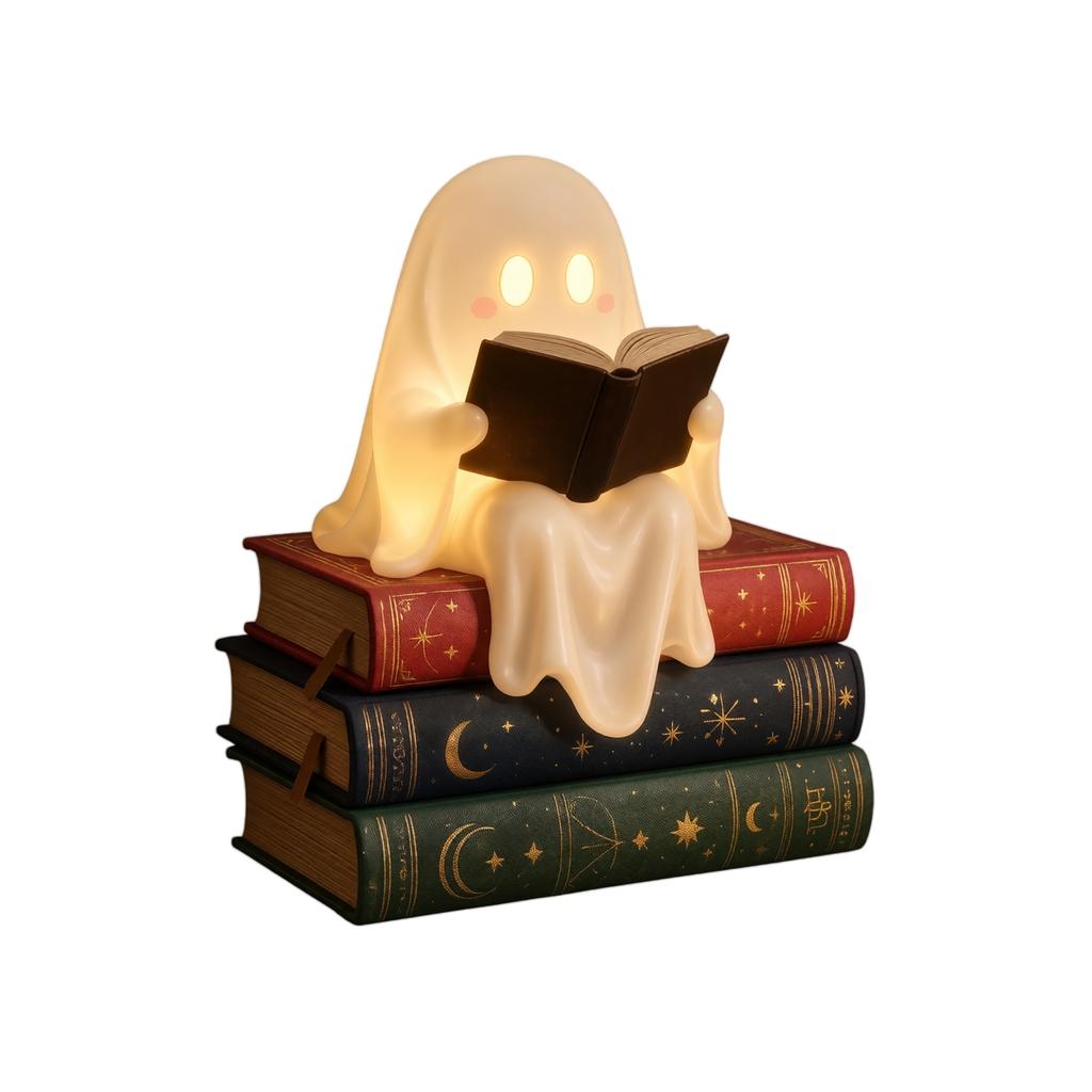 15cm Niedliche Geisterfigur liest ein Buch Halloween-Dekoration Geistergeschichte Buch-Ornament für saisonale Heimdekoration