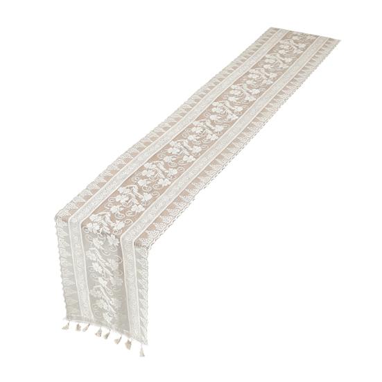Vintage Lace Table Runner, Rustic Fringed Table Runner, Boho Floral Lace Table Runner with Tassels for Wedding Bridal Shower Dining Table Decoration 150 cm A