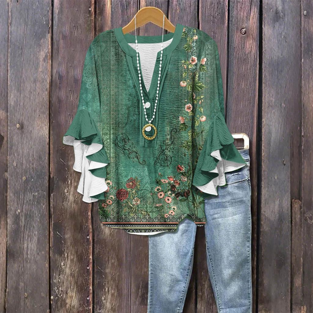 Modă Femei Casual Buton Gât V Mânecă Șapte Bluză Top Imprimeu Vintage