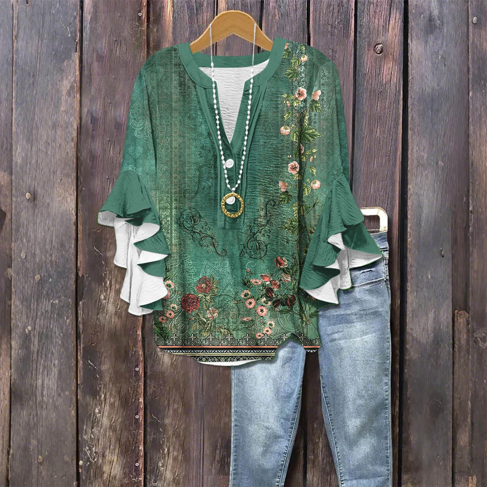 

Женская модная повседневная рубашка с пуговицами, V-образным вырезом, рукавом семь восьмых и винтажным принтом XL зелёный