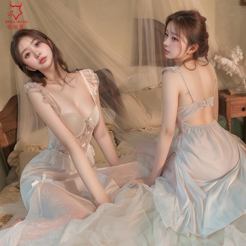 Sex underwear steel ring gathering perspective nightdress long French robe mesh yarn with chest pad loungewear set