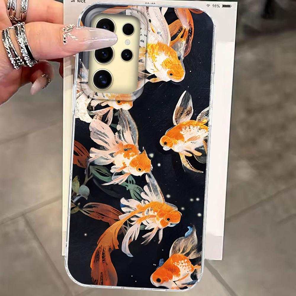 Für Samsung Galaxy S25 Edge S24 S23 S22 S21 S20 FE Plus 5G Ultra Koi Goldfisch Funkeln Schwarz Glänzend Damen Mädchen Bumper Handyhülle