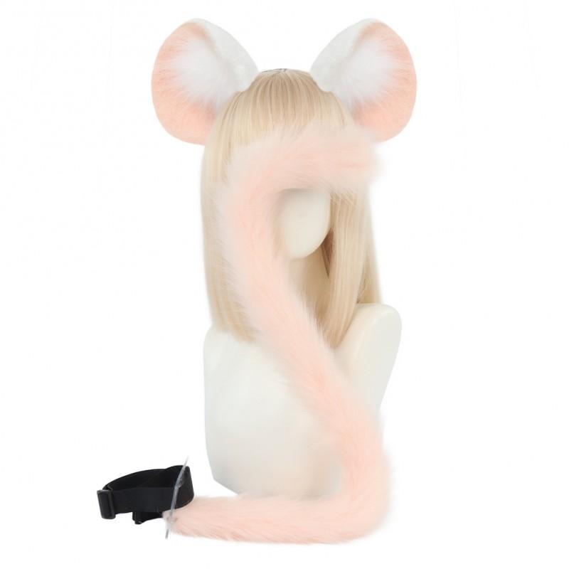 Plush Animal Ear Headband Tail Set Costume Party Cosplay Festival Wear Pink Two Piece