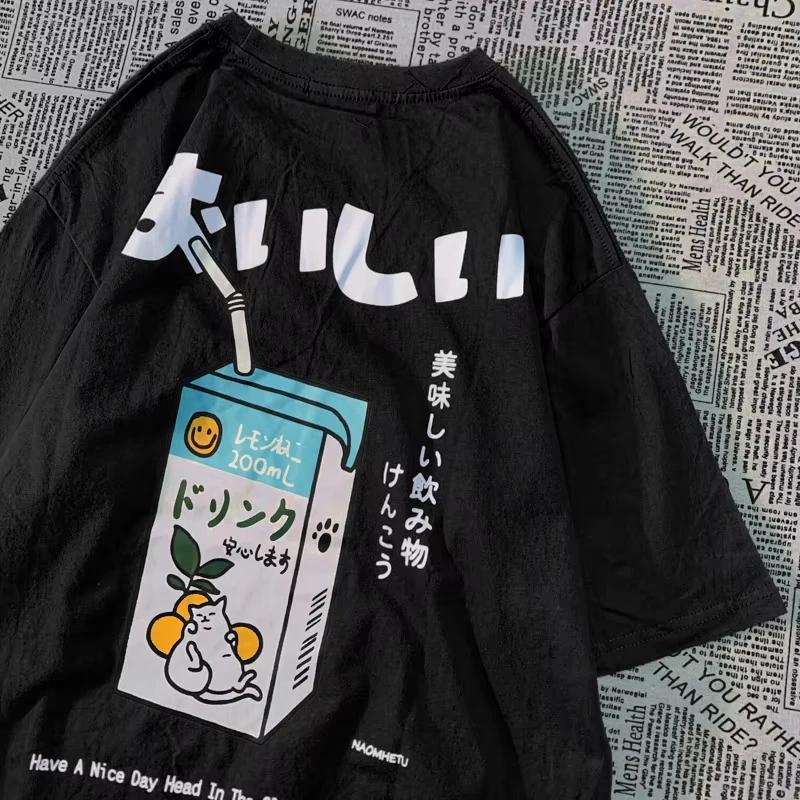 

2025 Cute Japanese Cat Print Oversized men Women Short Sleeve Loose Casual Tee Shirt Streetwear Tops Cotton Harajuku Clothing 4XL