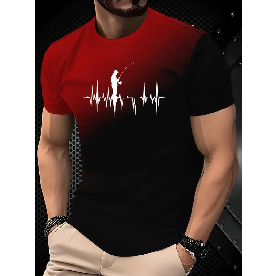 

Мужская повседневная футболка с круглым вырезом и графикой «Сердцебиение рыбалки», 100% полиэстеровый трикотаж с небольшим стрейчем, футболка с коротким рукавом стандартного кроя 6XL красный