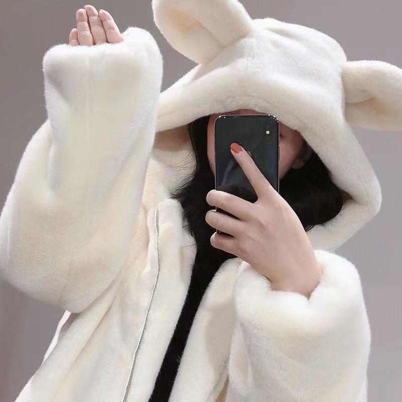 Women's Hooded Long Sleeve Plush Top Loose Fit Lazy Style Bear Ear Hoodie 2026 Winter Solid Color Fleece Warm Outerwear