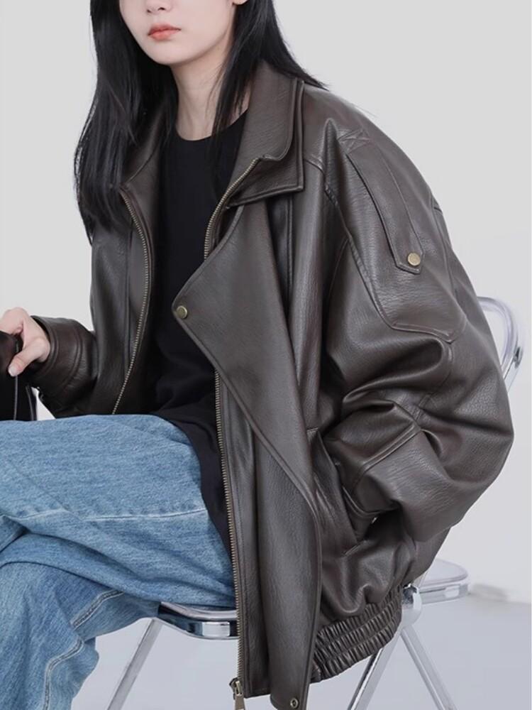 Retro Stand Collar Motorcycle PU Leather Jacket - Autumn/Winter Hong Kong Style, Loose and Versatile Outerwear