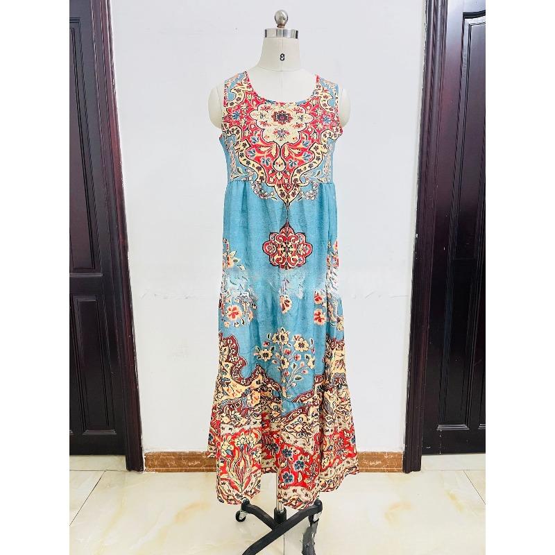 Robe d'été pour femme Nouvelle imprimée sans manches col en V Vacances à la plage Robe longue pour femme Mode Vintage col rond Décontractée ample Bohème pour femme Robes