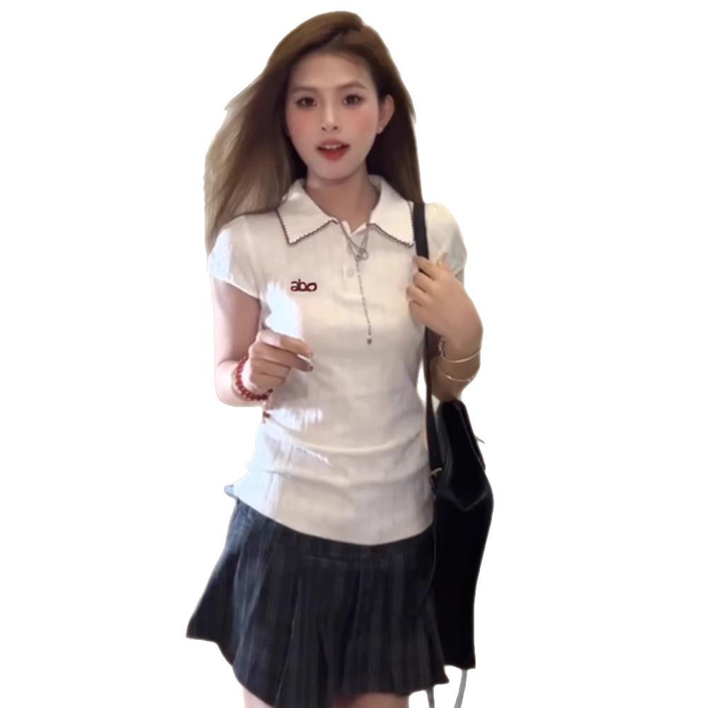 Women's Summer White Polo Collar Short-Sleeve Slim Fit College Style T-Shirt