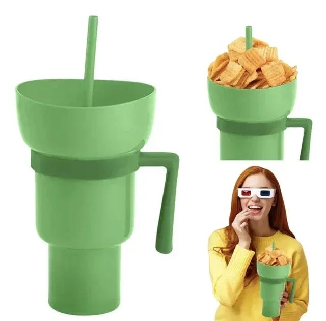 2In1 Snack Bowl Drink Cup with Straw Stadium Tumbler Water Bottle Straw Splash Proof Leakproof Portable Adults Kids Cinema Trip