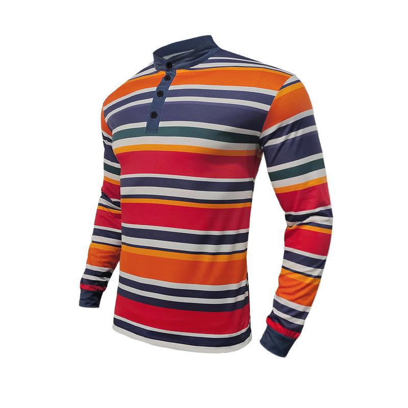 Spring Autumn Men's Striped Polo Shirts Long Sleeve Casual O-Neck Loose Tees Tops