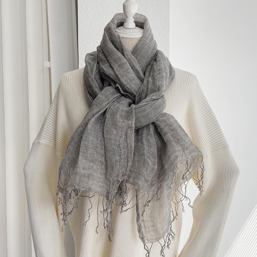 Bufanda de Lino para Mujer - Chal Ligero de Algodón y Lino de Color Sólido con Borlas, Estilo Bosque Artístico, Protección Solar, Moda Japonesa Coreana.
