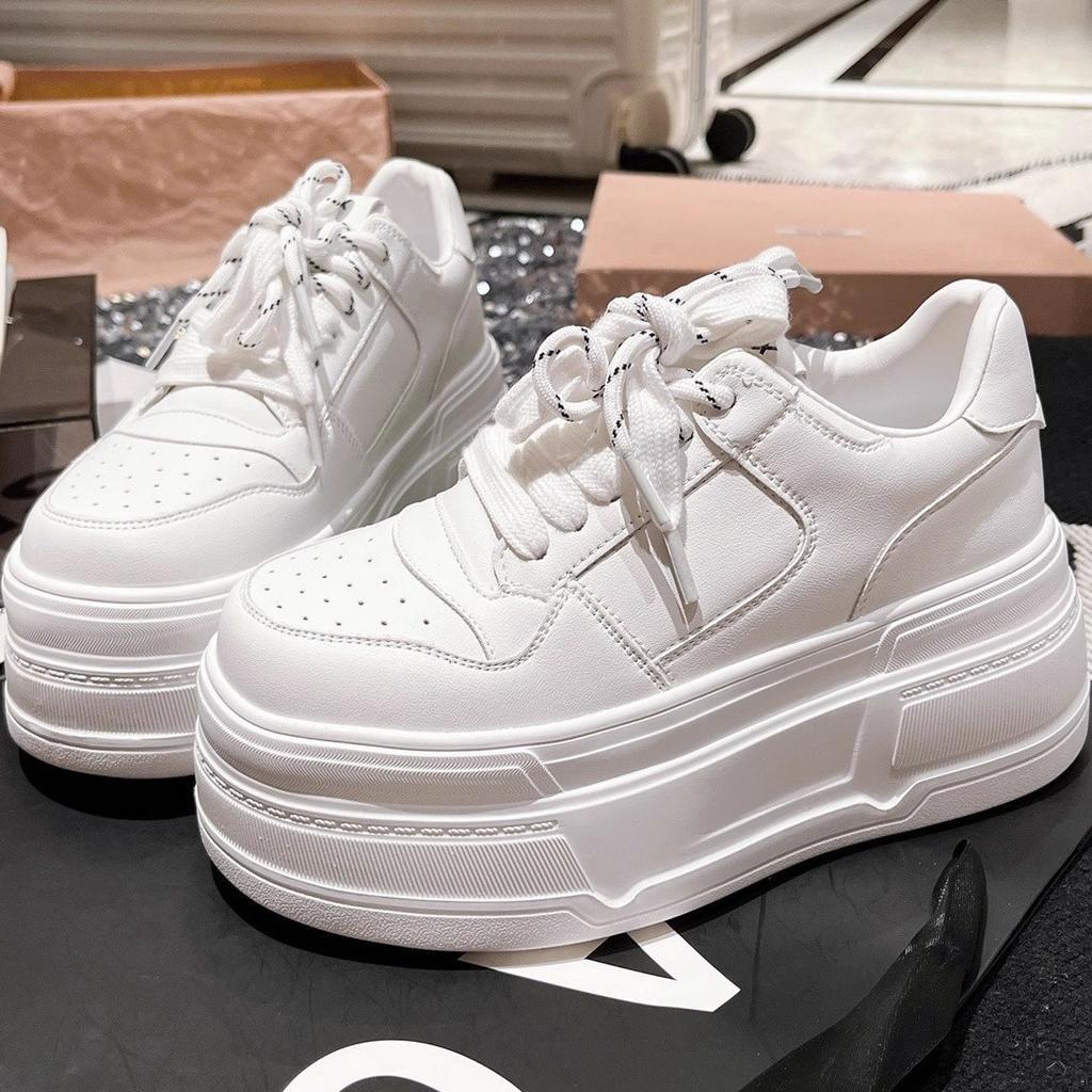 Korean version leather lace-up thick-soled muffin 6cm small casual shoes board shoes versatile ultra-light soles large white shoes women's shoes