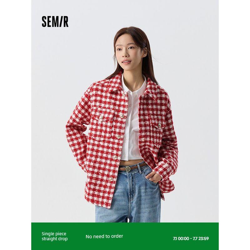 

Senma Верхняя одежда Женская средней длины Длинная длина Клетчатый твид Топы Мода Элегантная Весна Ретро Лацканы Красная одежда Уличный стиль Red and White tone 00461 155/80A/S