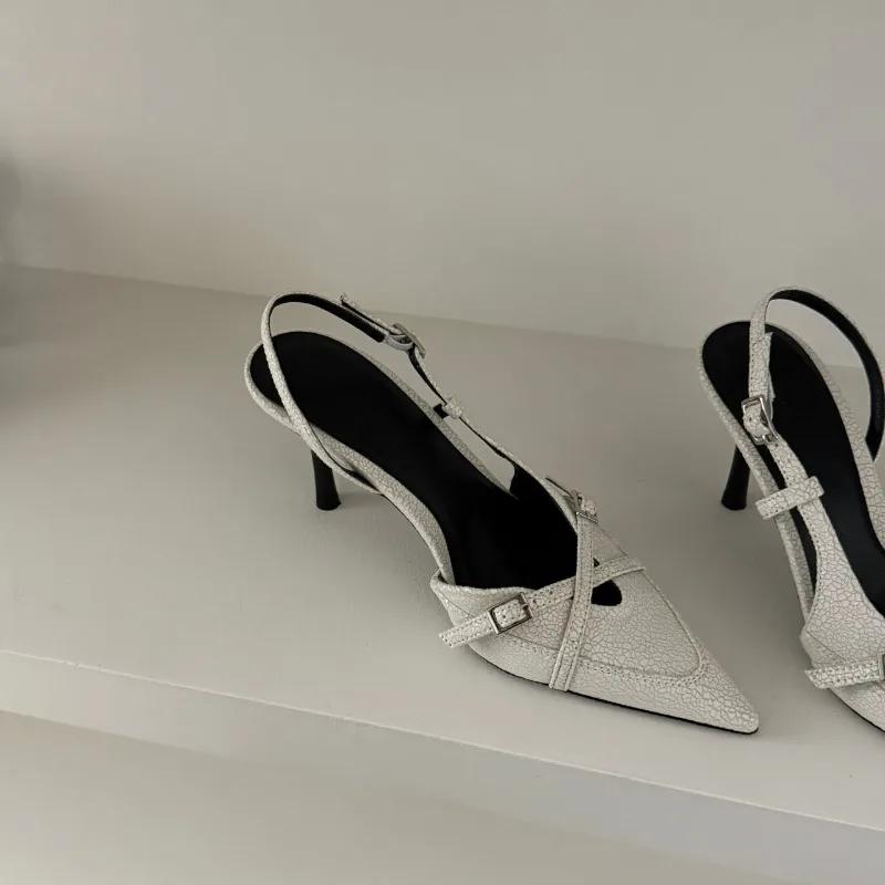Women's Fashion Sandals Pointed Toe Thin Heels Cross-line Buckle Women's High Heels Dress French Cover Toe Sandalias De Mujer