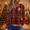 Women's Casual Christmas Print V-Neck Long Sleeve T-Shirt with Decorative Buttons for Holiday Parties