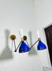 Italian Brass Diablo Wall Sconce Pair: Blue & White Mid-Century Light