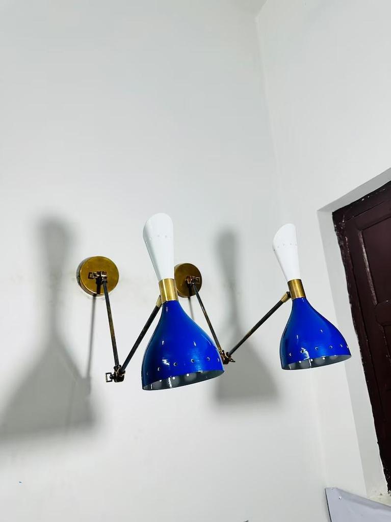 Italian Brass Diablo Wall Sconce Pair: Blue & White Mid-Century Light