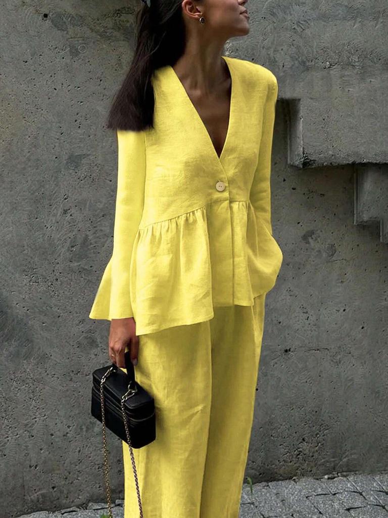 2025 Women's V-Neck Summer Two-Piece Set: All-Cotton Short-Sleeved Top & Wide-Leg Pants