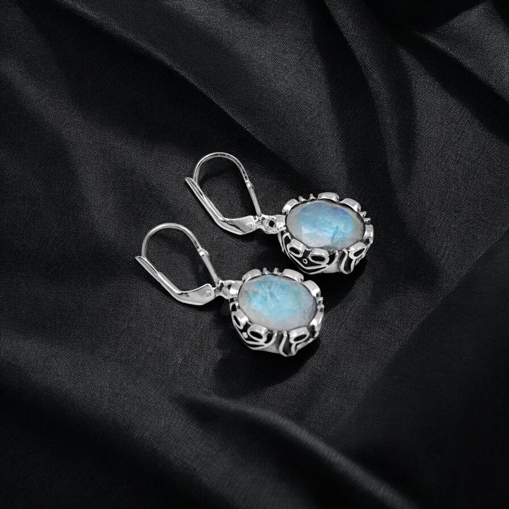 Natural Moonstone Dangle Earrings: 925 Sterling Silver Gemstone