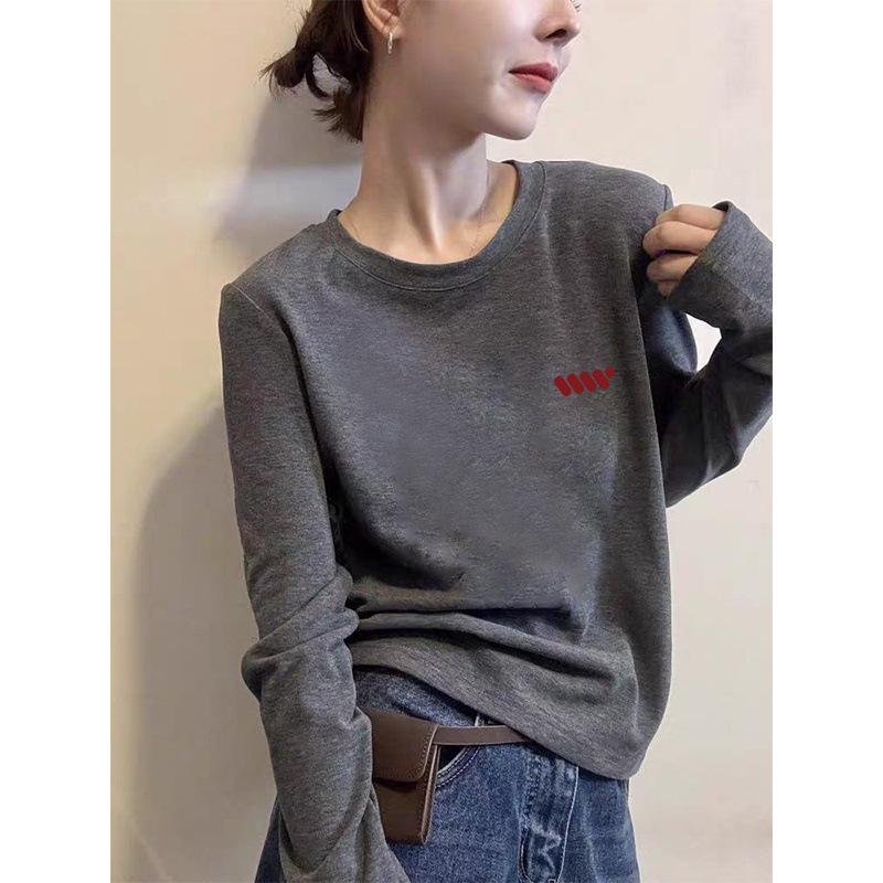 Korean Style Round Neck Ribbed Long Sleeve Women's T-Shirt - Age-Reducing Spring/Autumn Fashion 2026