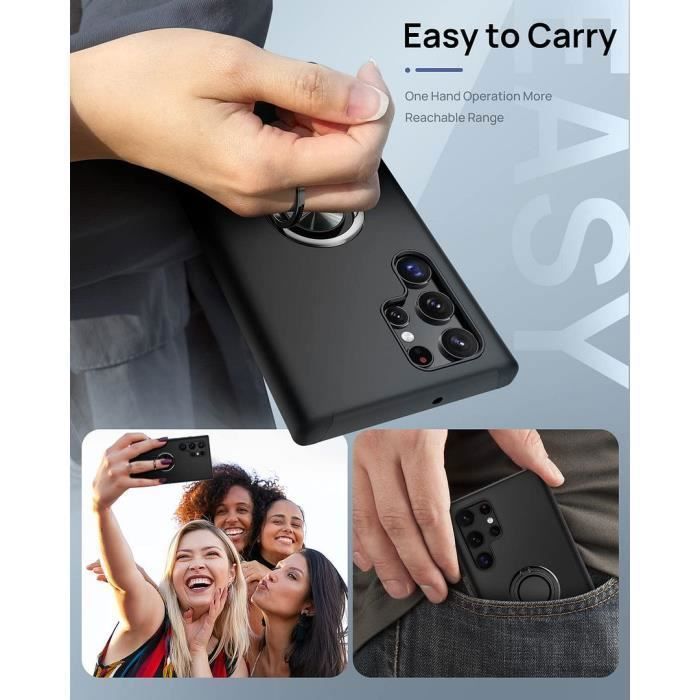 Protective Case - for Samsung Galaxy S23 Ultra - Black Silicone - Support Ring - Shock Absorption