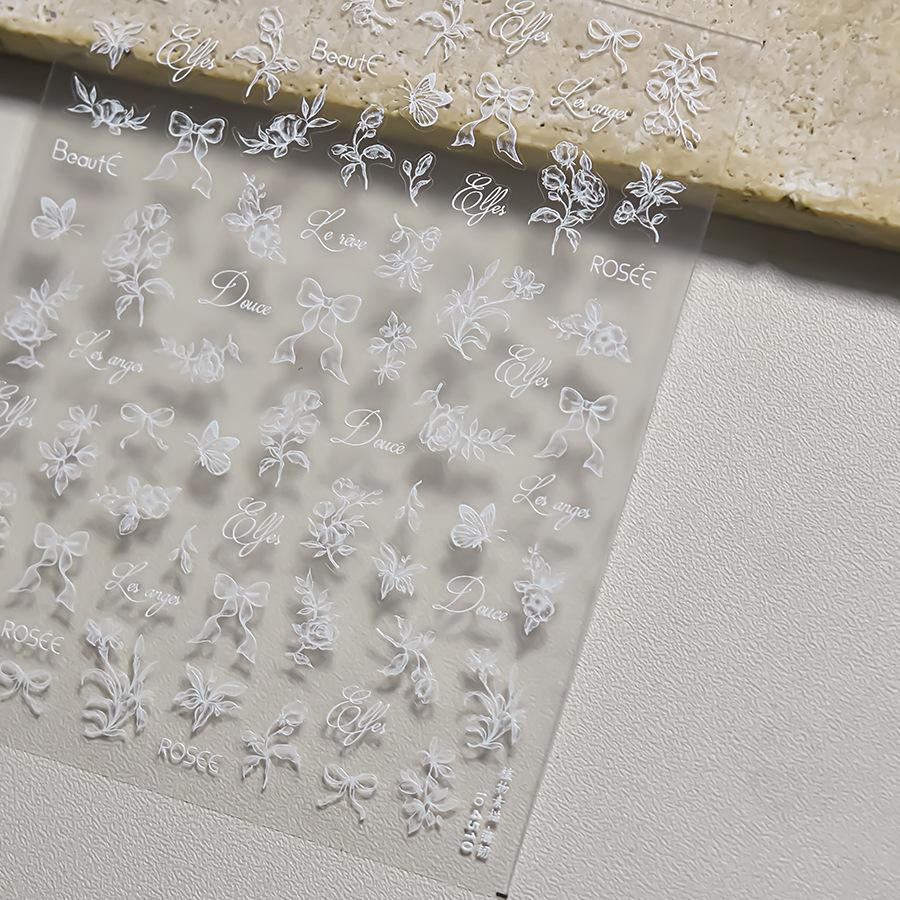 1pcs 5D Diamond White Lace Bow Nail Art Stickers Pearl Rhinestones Nail Decoration Adhesive Decals Slider DIY Accessory