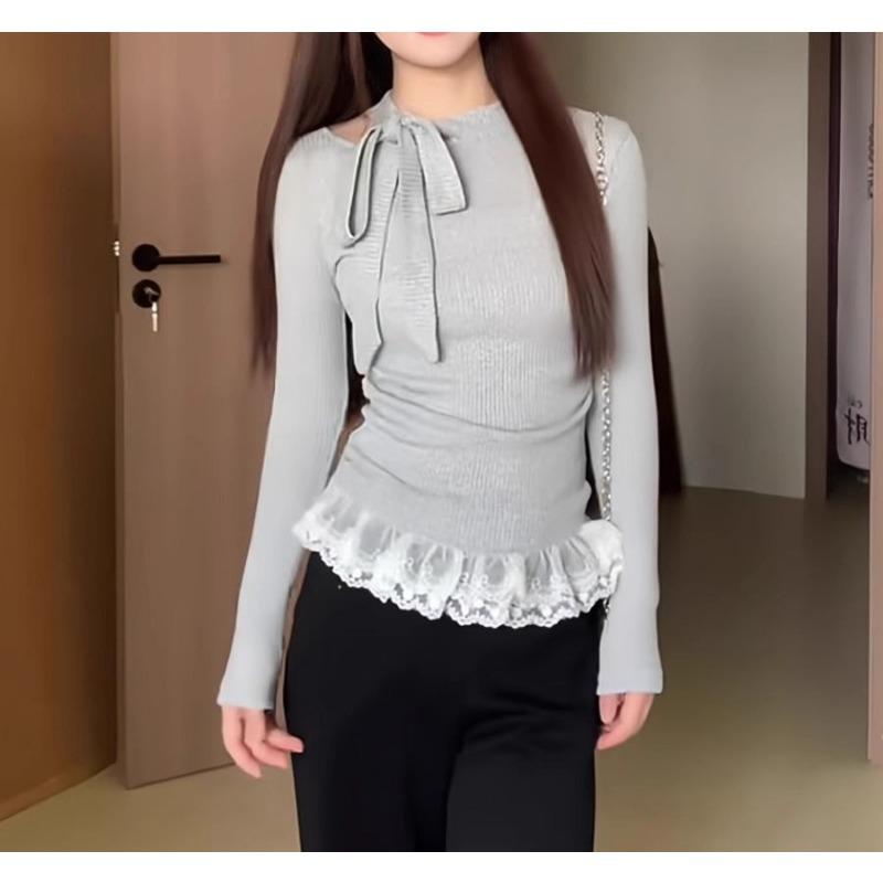 New Bow Tie Lace Splicing Women Blouse Long Sleeve Sweet T-Shirt Slim Fit Lace-up Solid Color Fashion Tops Elegant Casual Casual Clothing