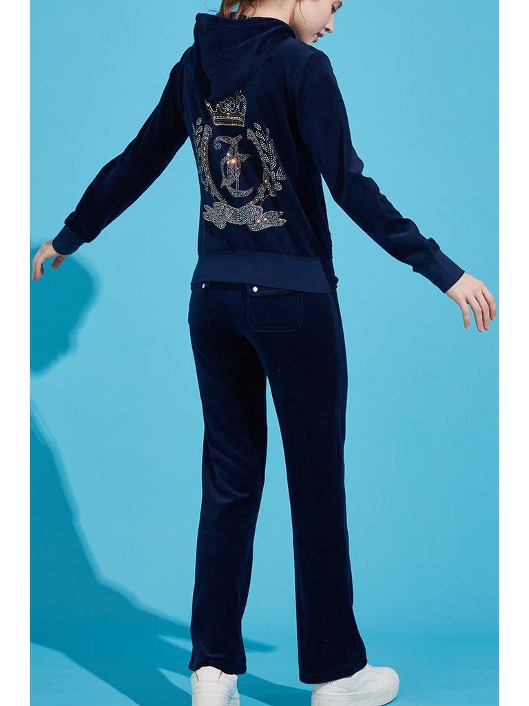 Luxurious Women's Velvet Hooded Two-Piece Sportswear Set - Loose Leg, Hot Drill. Perfect for Spring & Autumn.